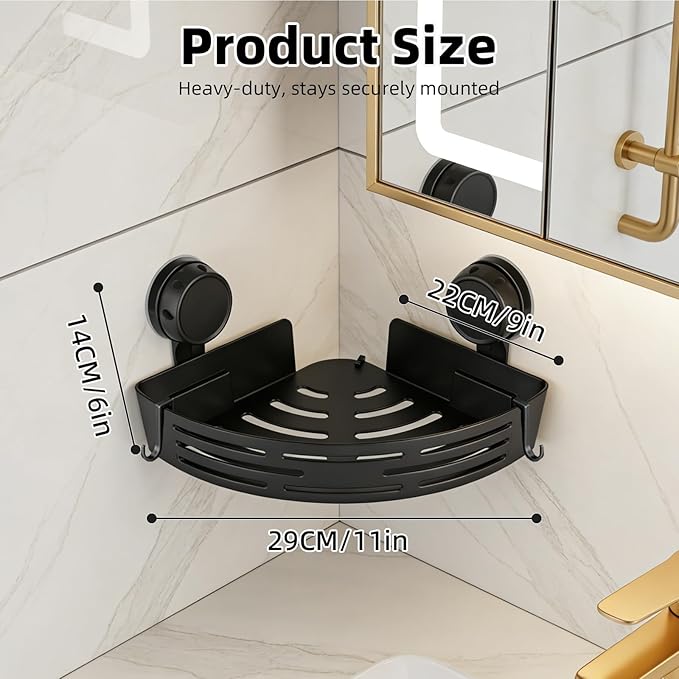 2026 New Triangle Suction Cup Corner Shower Shelf - No Drilling Bathroom Storage Rack with Towel Bar, Adhesive Organizer for Corners, Black, 3-Layer Design