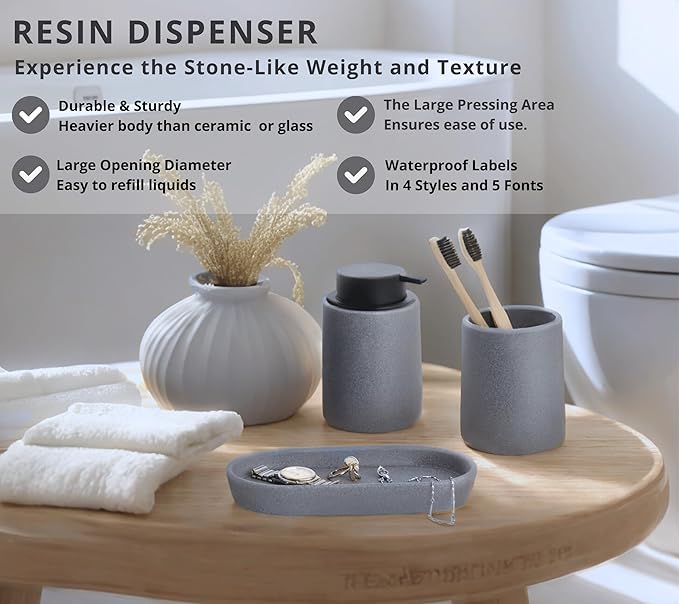 Grey Bathroom Accessories Set, 3 Pcs Resin Bathroom Accessories Complete Set, Sandstone Look Soap Dispenser with Large Pump, Toothbrush Cup, Soap Dish for Modern Home Decor and Kitchen