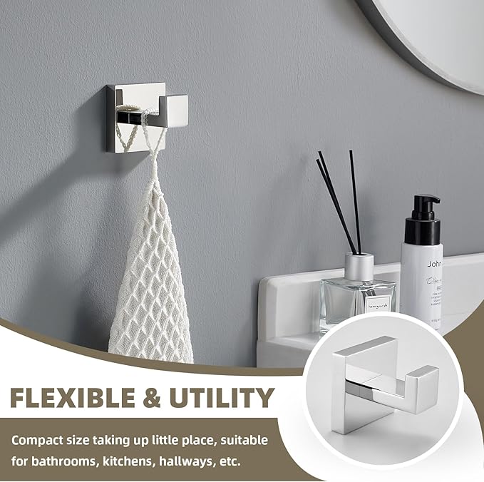 Suyar Polished Chrome Bathroom Hardware Set 4 Pieces, 304 Stainless Steel Bathroom Accessories, Include Robe Hook, Toilet Paper Holder, Hand Towel Holder, Bath Towel Bar