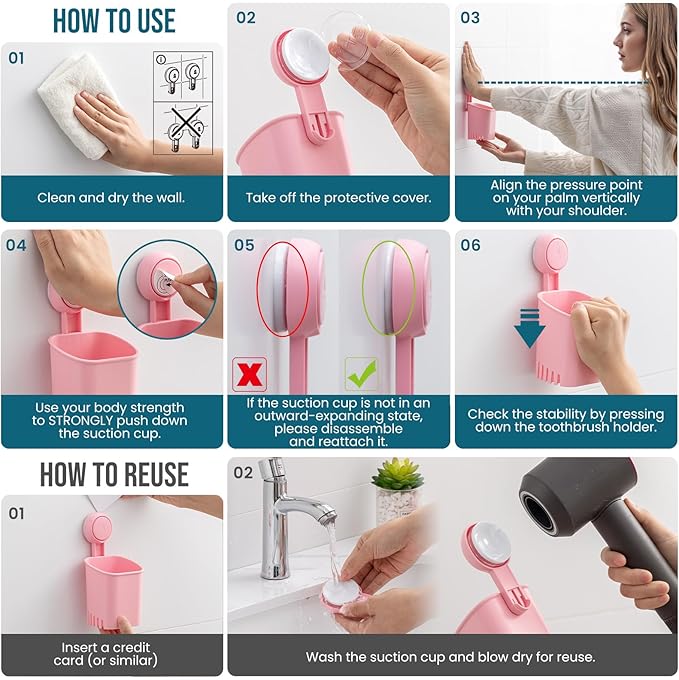TAILI Suction Toothbrush Holder, Shower Toothbrush Holder for Wall, Powerful Toothpaste Toothbrush Suction Cup, Self-draining Shower Razor Holder, Kitchen Tableware Holder, 2 Pack, Pink