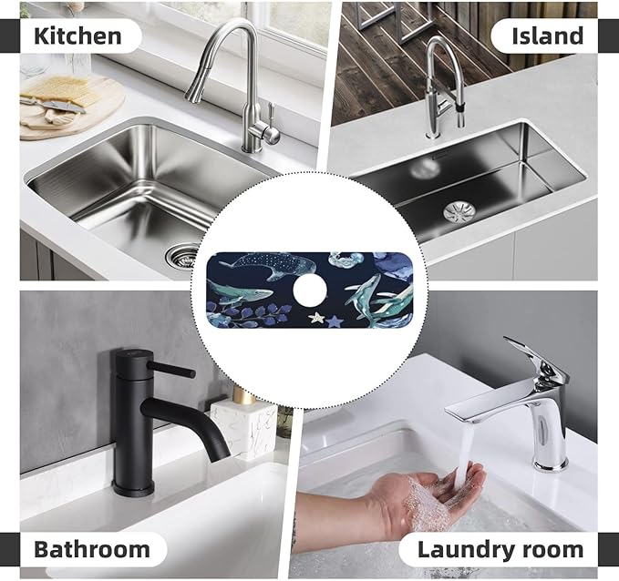 Whale Ocean Starfish 15" X 5.5" Kitchen Sink Splash Guard, Faucet Guard Draining Mat, Faucet Suction Pad For Kitchen Bathroom