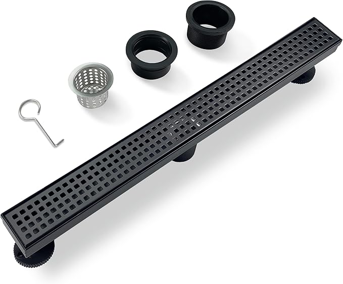 28 Inch Black Rectangular Shower Drain with Removable Quadrato Pattern Cover Grate Accessories and SUS304 Stainless Steel CUPC Certificate (28 inch)