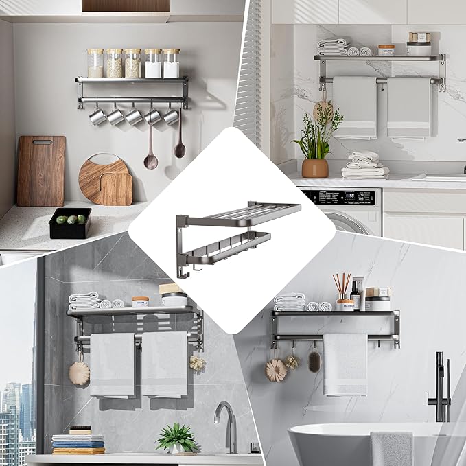 Towel Racks for Bathroom, 24inch Foldable Towel Holder with Double Towel Bars, Rustproof Towel Organizer Towel Hanger, Wall Mounted Bath Towel Shelf with 7 Hooks for Bathroom, Lavatory - Grey