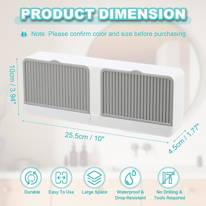 uxcell Soap Holder with Hook, 10 x 3.94 Inches Double Grid Wall Mounted No Drill Soap Dish for Shower, Bathroom & Kitchen - Self Draining Design Keeps Soap Dry (Gray)