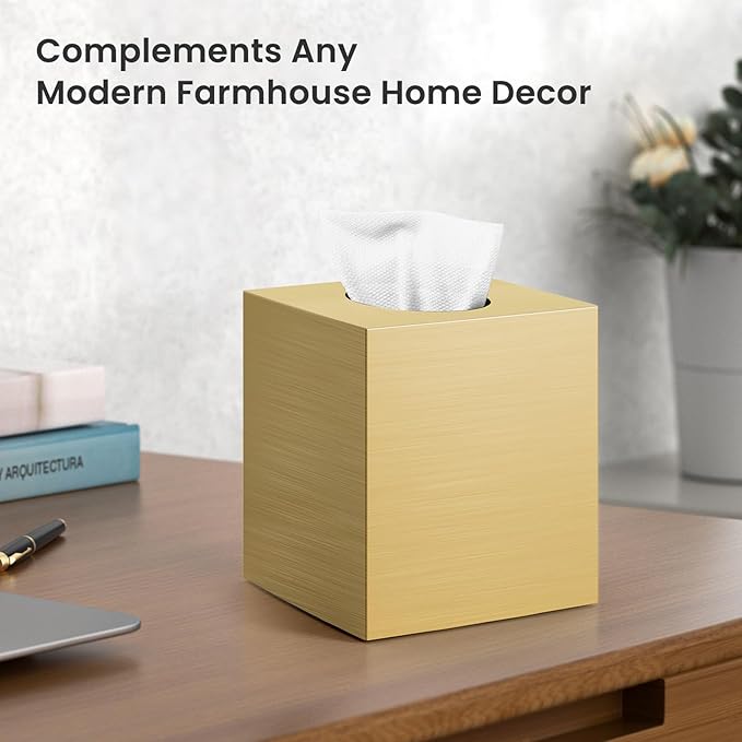 Tissue Box Cover, Square Modern Facial Acrylic Tissue Holder Napkin Dispenser Accessories for Bathroom Vanity Countertop,Bedroom Dresser,Night Stand,Desk,Office(Gold)