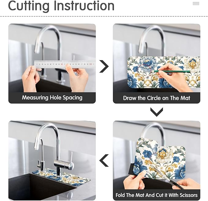 Kitchen Sink Splash Guard 2 PCS 14.7 Inch Sink Faucet Mat Splash Guard for Bathroom Countertop Water Absorbent Foldable Cuttable Soft Washable Royal Floral Blue and Yellow Tile