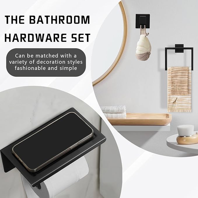 Matte Black Bathroom Hardware Accessories Set of 5 Pieces, 15.6 Inch Bath Towel Bar Set, 304 Stainless Steel Bathroom Hardware Set, Towel Racks for Bathroom Wall Mounted