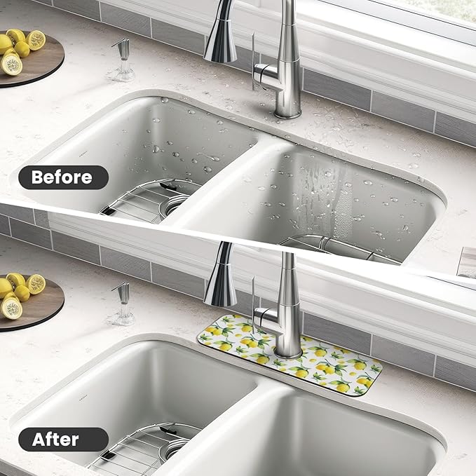 Yellow Lemon Green Leaves Kitchen Sink Splash Guard Faucet Mat Super Absorbent Fast Drying Mat Sink Gadgets-Fast Drying Pad Sink Mat For Kitchen Bathroom (15" X 5.5" )