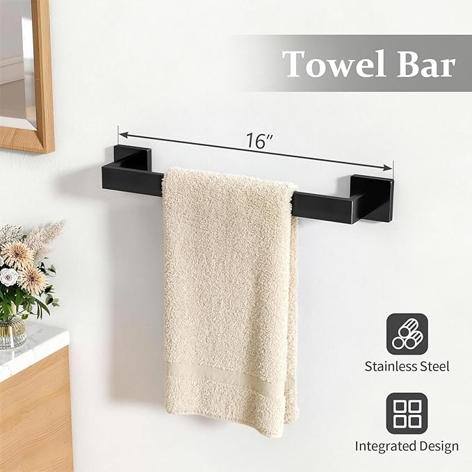 Matte Black Bathroom Accessories Hardware Set 5-Piece, Stainless Steel Towel Racks for Bathroom, 16 Inch Bath Towel Bar Set Wall Mounted