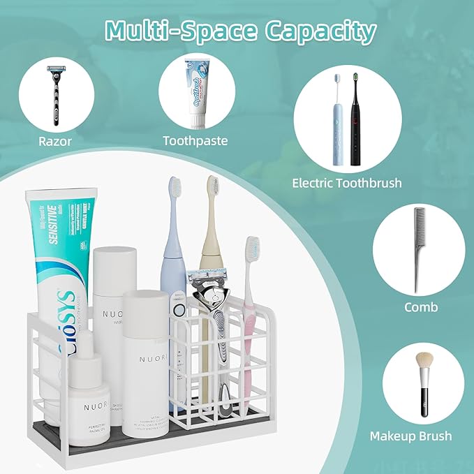 Toothbrush Holders, Bathroom Organizers and Storage with Instant Drying Stone, 6 Slots Bathroom Accessories with Adjustable Toothpaste Holders, Bathroom Counter Organizer, White