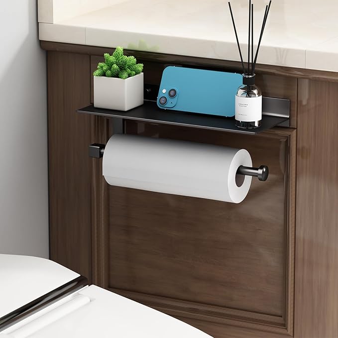Danpoo Wall Mount Paper Towel Holder with Shelf for Bathroom/Kitchen, Adhesive Hand Towel Holder, Matte Black