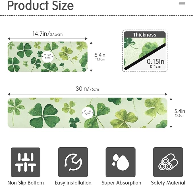 Green Natural St Patrick Clovers Kitchen Sink Splash Guard Faucet Mat Diatomite Absorbent Pad for Bathroom RV 14.7x5.4in 2PCS water