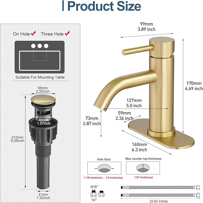 Gold Bathroom Faucets, Modern Single Hole Bathroom Sink Faucet Brushed Gold Single Handle Vanity Sink Faucet 1 Hole with 3 Hole Deck Plate, Pop Up Drain