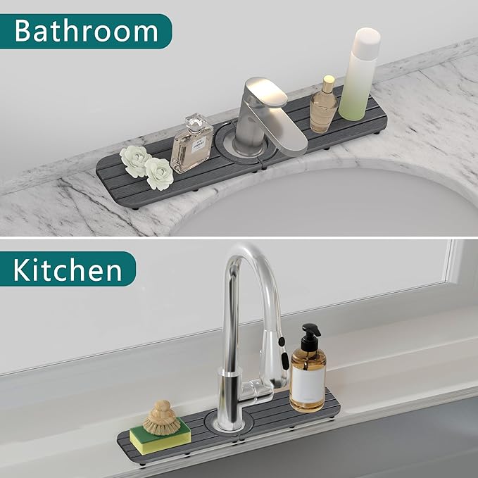 Faucet Mat for Kitchen Sink - 20 x 4inch Faucet Splash Guard for Bathroom Counter, Absorbent Diatomite Mat, Fast Drying Stone Sink Tray, Prevents Moisture Buildup, Dark Gray