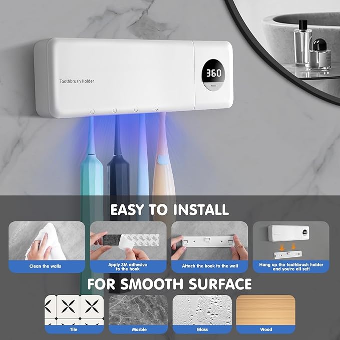 Little Quokka Toothbrush Sanitizeri Holder, 2000mAh Rechargeable Cordless Wall Mounted Holders for Bathroom, Electric Sanitizeri Toothbrush Cleaner, 4 Slots & Timer Function