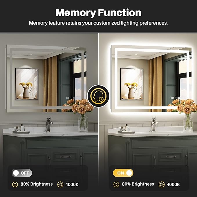 40"x24" LED Bathroom Mirror with Lights, Backlit & Front Lit, Anti-Fog Lighted Bathroom Vanity Mirror for Wall, Memory Function, Dimmable, HD Tempered Glass, Shatter-Proof