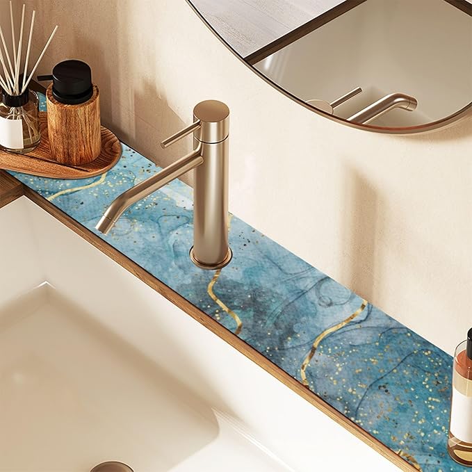 Kitchen Faucet Absorbing Mat Sink Splash Guard Behind Faucet Drip Catcher for Bathroom RV Bar 14.7x5.4in 1PCS Blue Gold Marble Art
