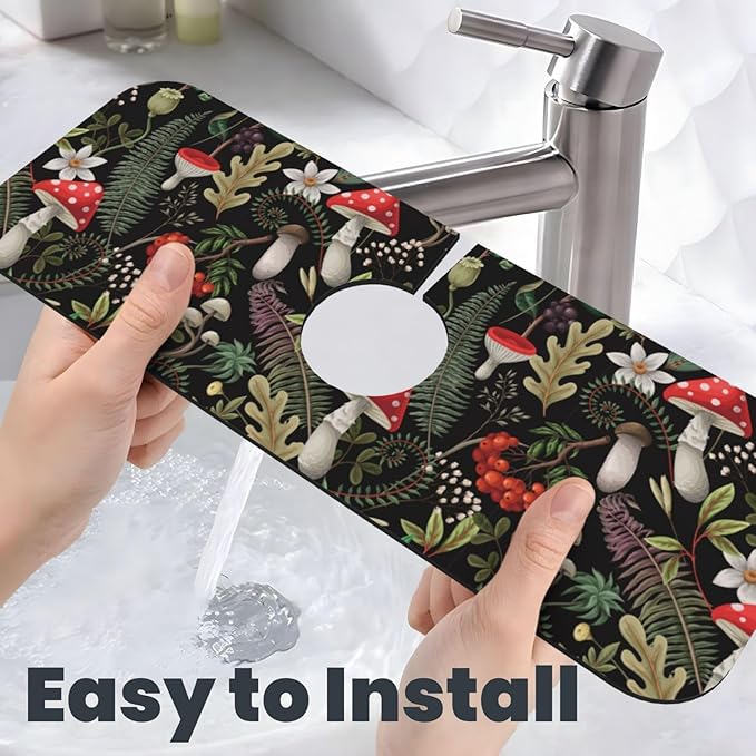 Forest Mushroom Mushrooms Leaves Flowers Kitchen Sink Splash Guard Faucet Mat Super Absorbent Fast Drying Mat Sink Gadgets-Fast Drying Pad Sink Mat For Kitchen Bathroom (15" X 5.5" )