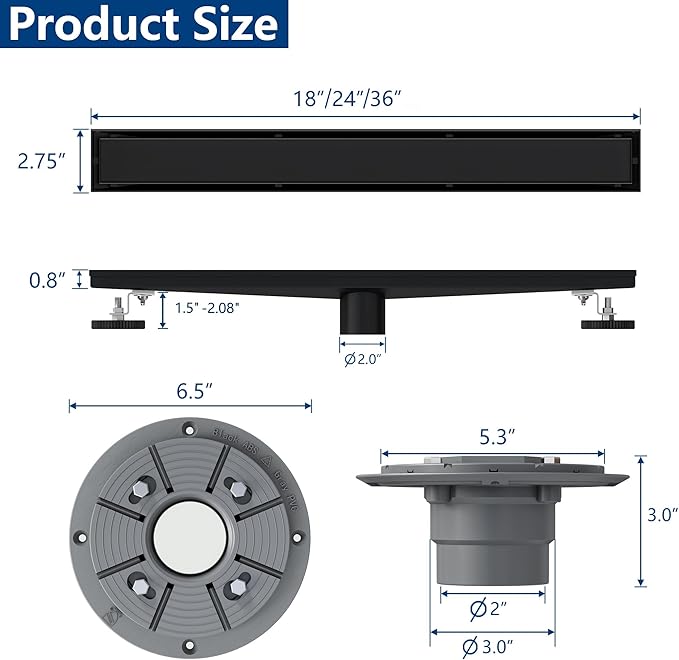 Neodrain 18-Inch Matte Black Linear Shower Drain, 2-in-1 Flat & Tile Insert Cover, Stainless Steel Linear Drain, Rectangle Shower Floor Drain with Hair Strainer, Shower Drain Base