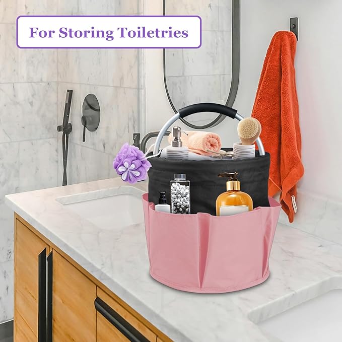 2Pcs 17L Shower Caddy with 6 Pockets, Portable Cleaning Caddy in 600D Oxford Fabric, Cleaning Supplies Bucket with Handle, Multifunctional Storage Basket for Dorm, Family, Black with Pink