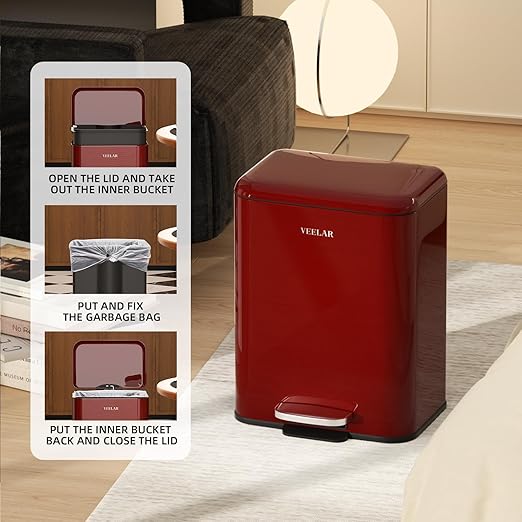 Small Bathroom 6 Liter / 1.6 Gallon Trash Can - Mini Step Garbage Can with Lid, Stainless Steel Trash Bin for Bedroom, Office ，Living Room (Red)