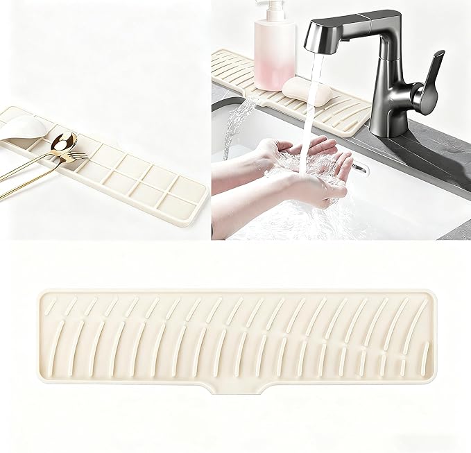 Silicone Faucet Mat for Kitchen Sink Bathroom Faucet Pad Sink Splash Guard Soap Sponge Holder Dish Drying Mat Double Side Available 2in1 Drainer Mat Heat-Resistant 16.54x3.94in White