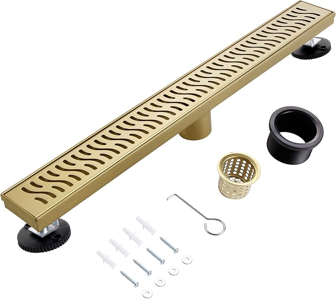 32 Inch Linear Shower Drain, Brushed Gold Shower Drain, Removable Grate, 304 Stainless Steel, Easy to Install and Clean for Bathrooms (Drain Base Not Included), LSD-51A-32G