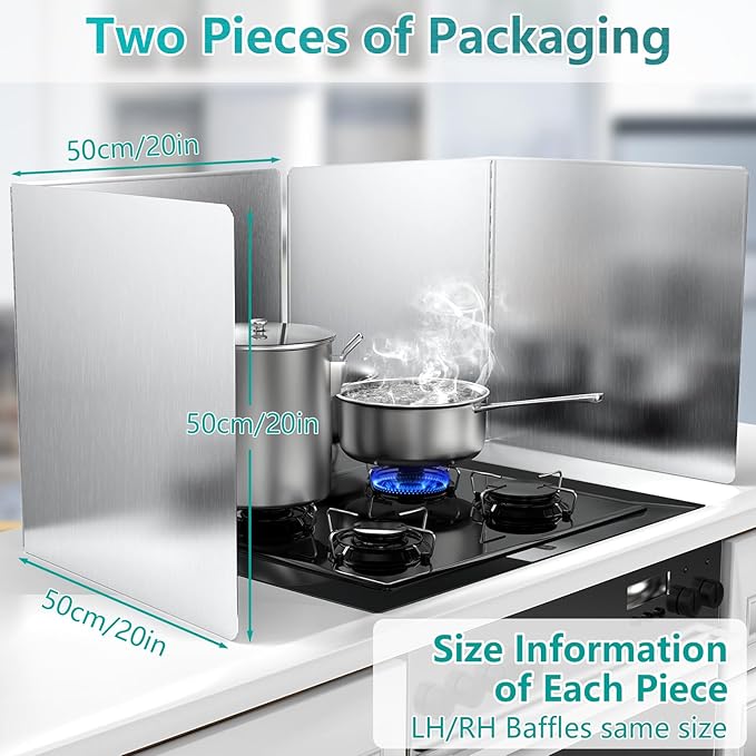 20"x20" Extra Large Splash Guard 2 PCS, Heavy-Duty Stainless Steel Foldable Backsplash, Wide Stove Splash Protector for Kitchen, Heat Resistant & Easy Wipe Clean