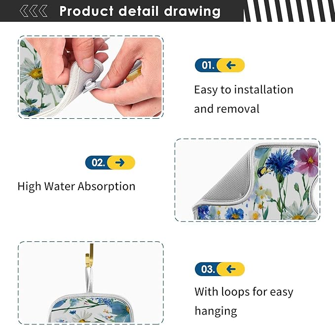 2 PCS Kitchen Sink Splash Guard 23.6 Inch Faucet Mat for Kitchen Sink Bathroom Sink Faucet Absorbing Drip Drain Mat Pad Microfiber Soft Washable Watercolor Blue Cornflower Daisy Butterflies