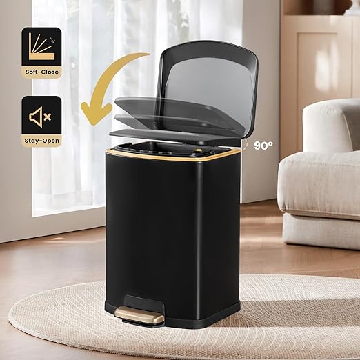 ELPHECO Bathroom Trash Can with Lid 4 Gallon / 15.1 Liter Stainless Steel Garbage Bin with Pedal Black Trash Can with Removable Inner Bucket for Kitchen (Matte Black)