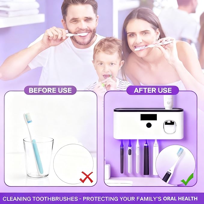Toothbrush Sterilizer Holder Wall Mounted, USB Rechargeable Automatic Toothpaste Dispenser with 5 Brush Slots, Bathroom Organizer for Families (White)