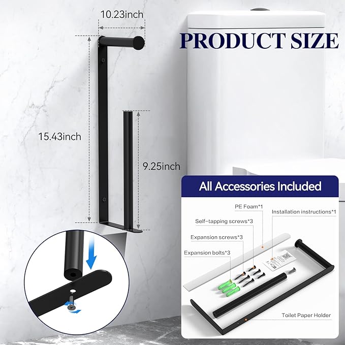 Longzon Matte Black Toilet Paper Holder Wall Mount, Self Adhesive Toilet Paper Holder Storage for 3 Roll Tissue, Premium 304 Stainless Steel Stick On Toilet Paper Roll Holder for Bathroom, Black
