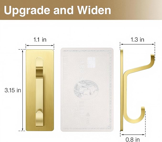 Self Adhesive Wall Hooks for Hanging: Extra Strong 13 LB, Hook for Coat, Towel in Bathrooms, Shower, Kitchen, Wall, Door Hook, Brushed Gold 4 Pack