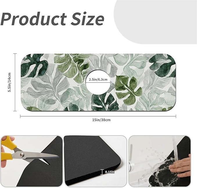 Kitchen Sink Splash Guard，Watercolor turtle shell leaf Faucet Mat Sink Gadgets-Super Absorbent Fast Drying Mat Drip Catcher for Kitchen, Bathroom,Sink Mat, Dish Drying Mat, Bathroom(15" X 5.5" )