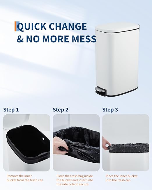 3.2 Gallon / 12 Liter Trash Can Stainless Steel Garbage Can with Removable Inner Bucket for Offices, Hands-Free Kitchen Step Trash Can for Kitchen & Bathroom, White