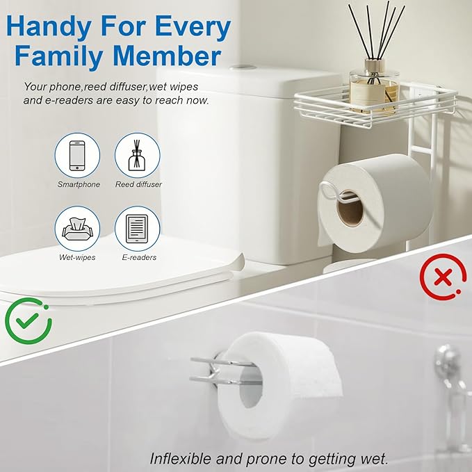 Standing Toilet Paper Storage Rack, Rustproof Metal Stand Up Toilet-Paper Roll Holder, Free Standing Tissue Holder for Bathroom, Tissue Holder with Shelf for Wipes & Phone, White