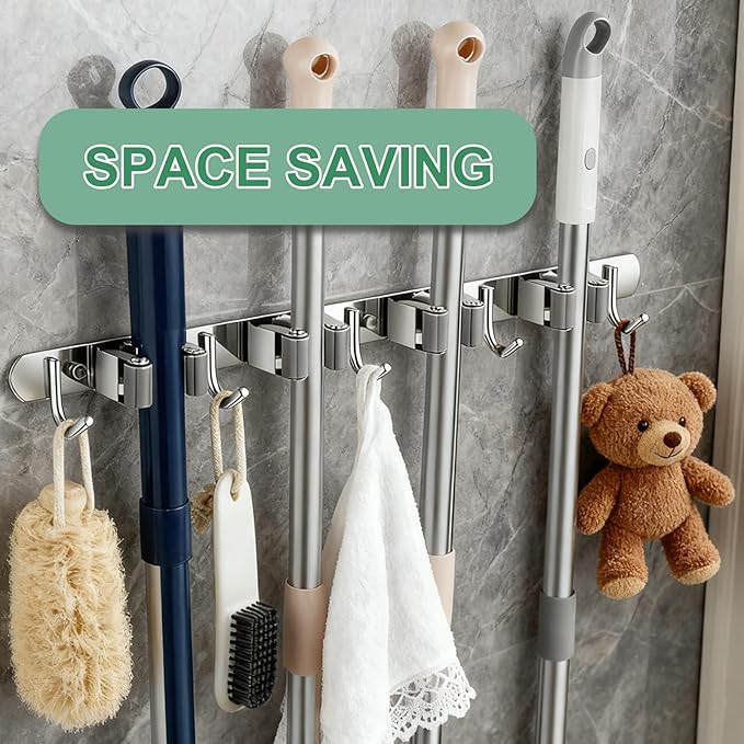 Broom Holder Wall Mount, Stainless Steel Mop and Broom Organizer, Heavy Duty Storage Rack with 4 Racks 5 Hooks for Garage Kitchen Laundry Room Garden Bathroom(Gray)