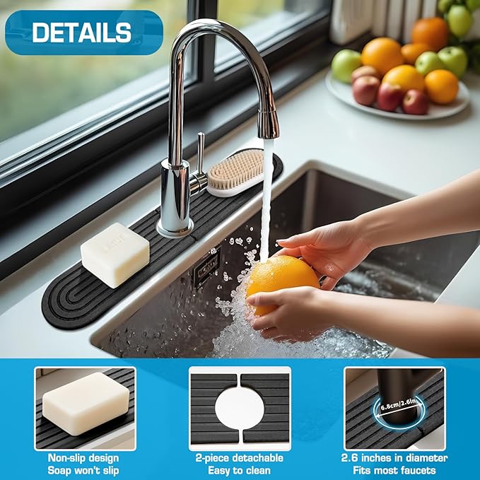 Diatomite Stone Faucet Mat For Kitchen Sink-Absorbent Fast Drying Stone Sink Tray,Faucet Splash Guard Counter,Quick Dry Sink Mat Around Faucet For Kitchen & Bathroom (Dark Gray-Oval,15.7" x 4")
