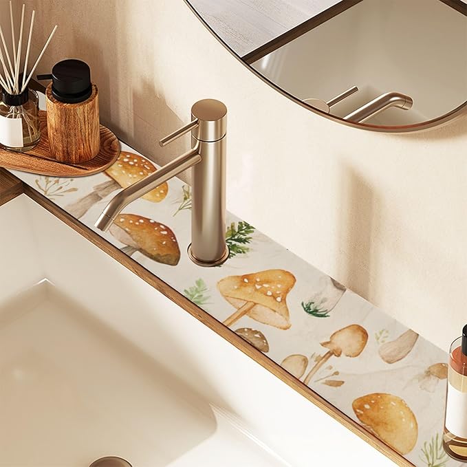 Kitchen Sink Splash Guard 2 PCS 14.7 Inch Sink Faucet Mat Splash Guard for Bathroom Countertop Water Absorbent Foldable Cuttable Soft Washable Watercolor Mushrooms Beige