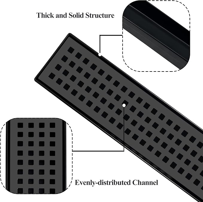 12 Inch Black Rectangular Shower Drain with Removable Quadrato Pattern Cover Grate Accessories and SUS304 Stainless Steel CUPC Certificate (12 inch)