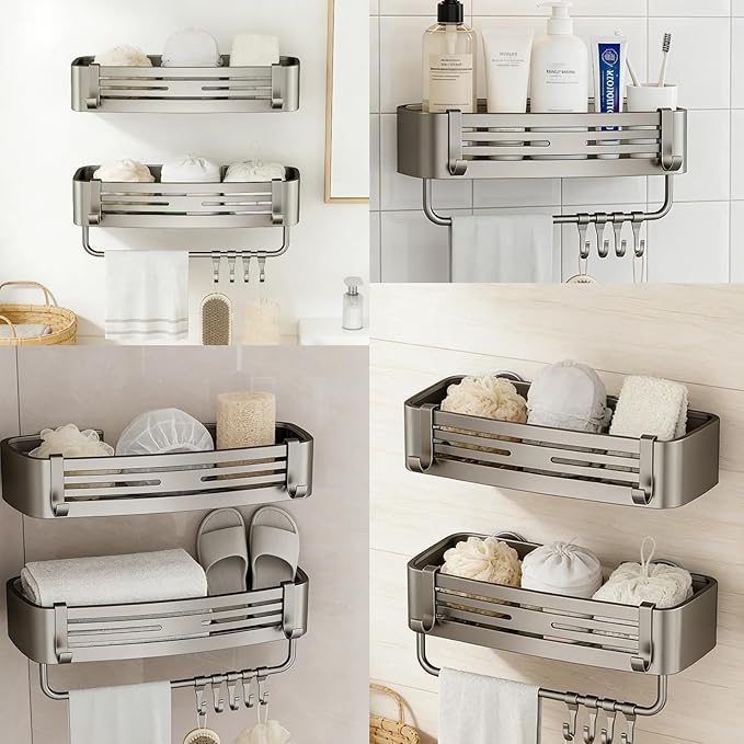 2Pcs Corner Shower Shelf Caddy Suction Cup, No Drill Hole with Towel Bar and Hook, Gray Bathroom Storage Rack, Zero Drill Square Shelves, Store Toiletries and Bath Towel for Bathroom Kitchen RV