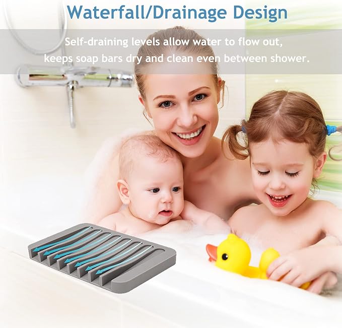 Self Draining Soap Dishes, 3 Pcs Silicone Soap Saver, Waterfall Drainer Soap Holder for Bathroom, Extend Soap Life, Keep Soap Bars Dry Clean & Easy Cleaning (Teal)
