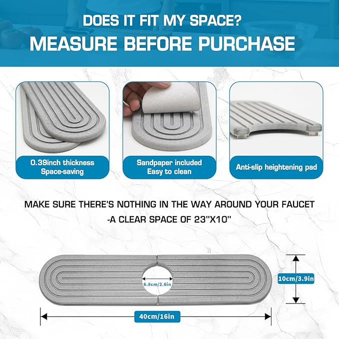 Light Gray-Oval 15.7"Diatomite Kitchen Faucet Mat Stone Sink Tray-Quick Drying Super Absorbent Splash Guard for Kitchen Bathroom Sink | Countertop Protector with Multiple Sizes Colors Styles
