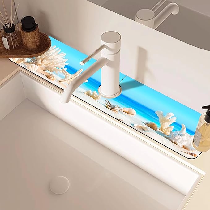 Tropical Beach Seashells Kitchen Sink Splash Guard Absorbent Fast Drying Mat Faucet Draining Mat Behind Faucet Drip Catcher for Kitchen Bathroom 5.5"24"