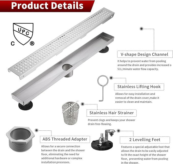 Sharp-tec 32 inch Linear Shower Drain, Brushed Rectangular Floor Drain, V-Shape Design Drain Channel, 304 Stainless Steel, cUPC Certificated for Bathroom Shower Room (Drain Base is Not Included)