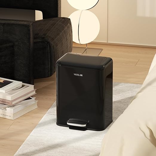 Bathroom 1.6 Gallon (6L) Trash Can - Stainless Steel Garbage Cans with Foot Pedal, Recycling Bin with Lid for Office Bedroom Livingroom (Black)