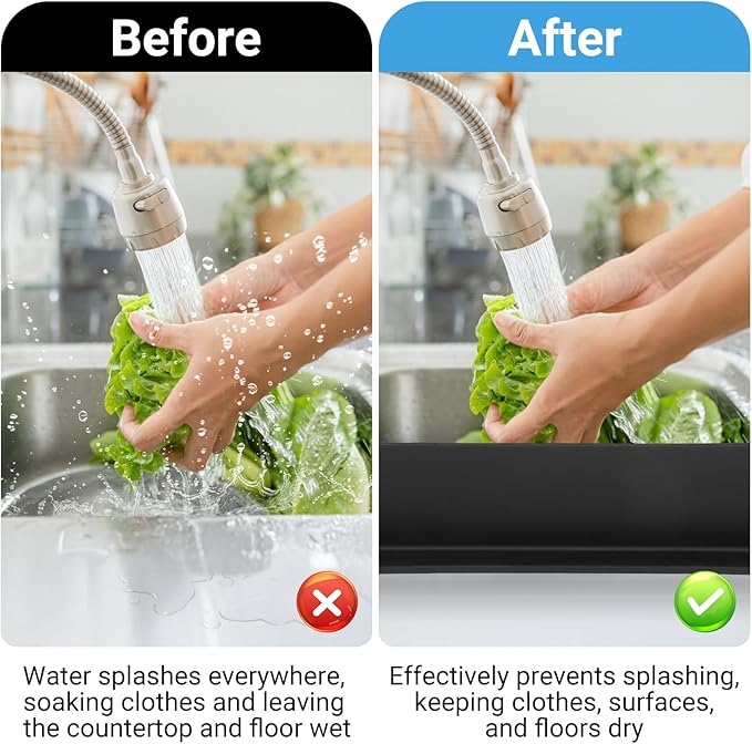 19.29 inch Sink Water Splash Guard, Silicone Sink Splash Guard, Backsplash Protector for Kitchen Countertop & Bathroom Bathtub with Non-Slip Strong Suction, Black, Pack of 2