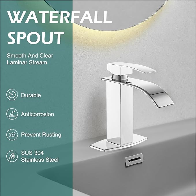 Hoimpro Chrome Waterfall Bathroom Faucet with cUPC Supply Lines, Single Handle Bathroom Sink Faucet with Pop-up Drain, Rv Vanity Vessel Faucet with Deck Plate, Chrome, 1 or 3 Hole