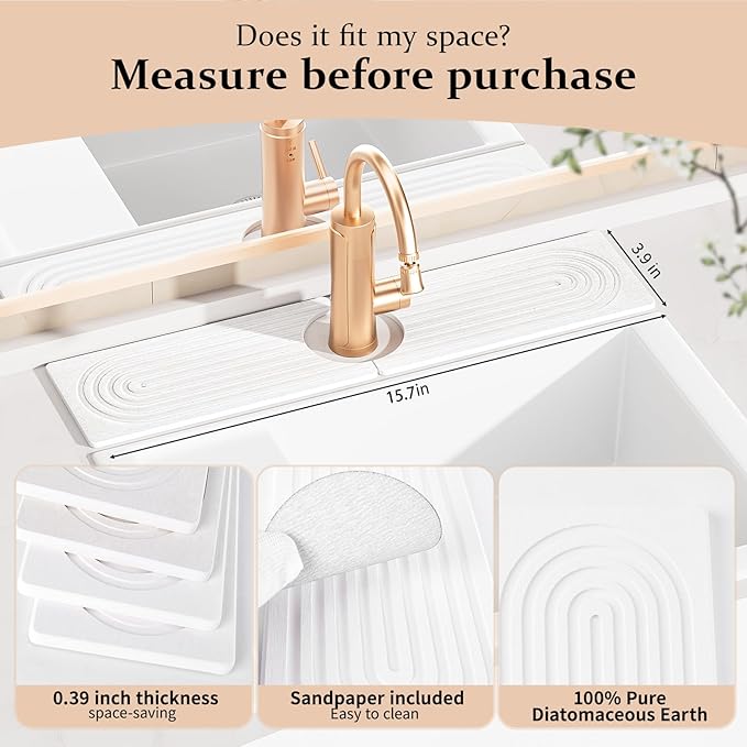 Faucet Mat for Kitchen Sink ，Water Absorbing Stone Tray for Sink，15.7 inches Long Diatomite Fast-Drying Faucet Mat， Faucet Splash Guard for Bathroom Counter