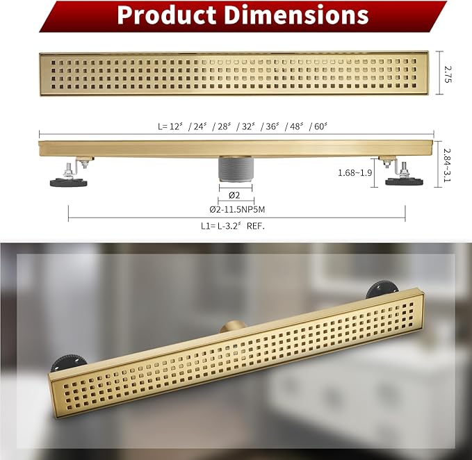 Sharp-tec 24 inch Linear Shower Drain, Gold Rectangular Floor Drain, V-Shape Design Drain Channel, 304 Stainless Steel, cUPC Certificated for Bathroom Shower (Drain Base is Not Included)